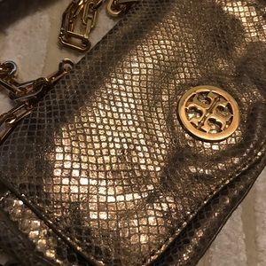 Tory Burch gold snakeskin cross body bag